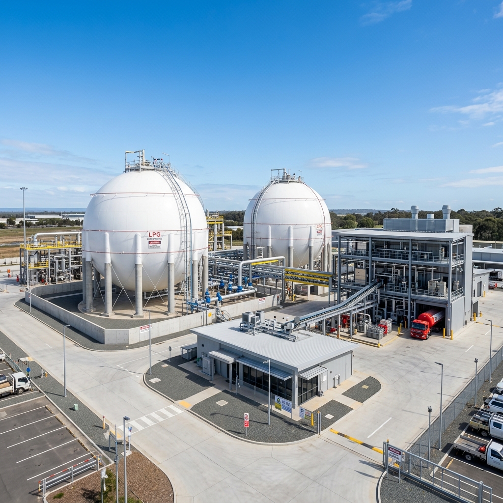 Bulk LPG installation and cylinder bank at an industrial site