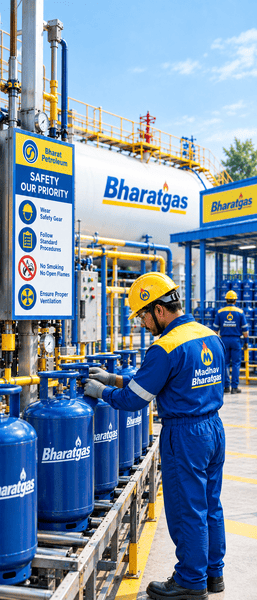 Technician in safety gear inspecting a commercial LPG cylinder manifold