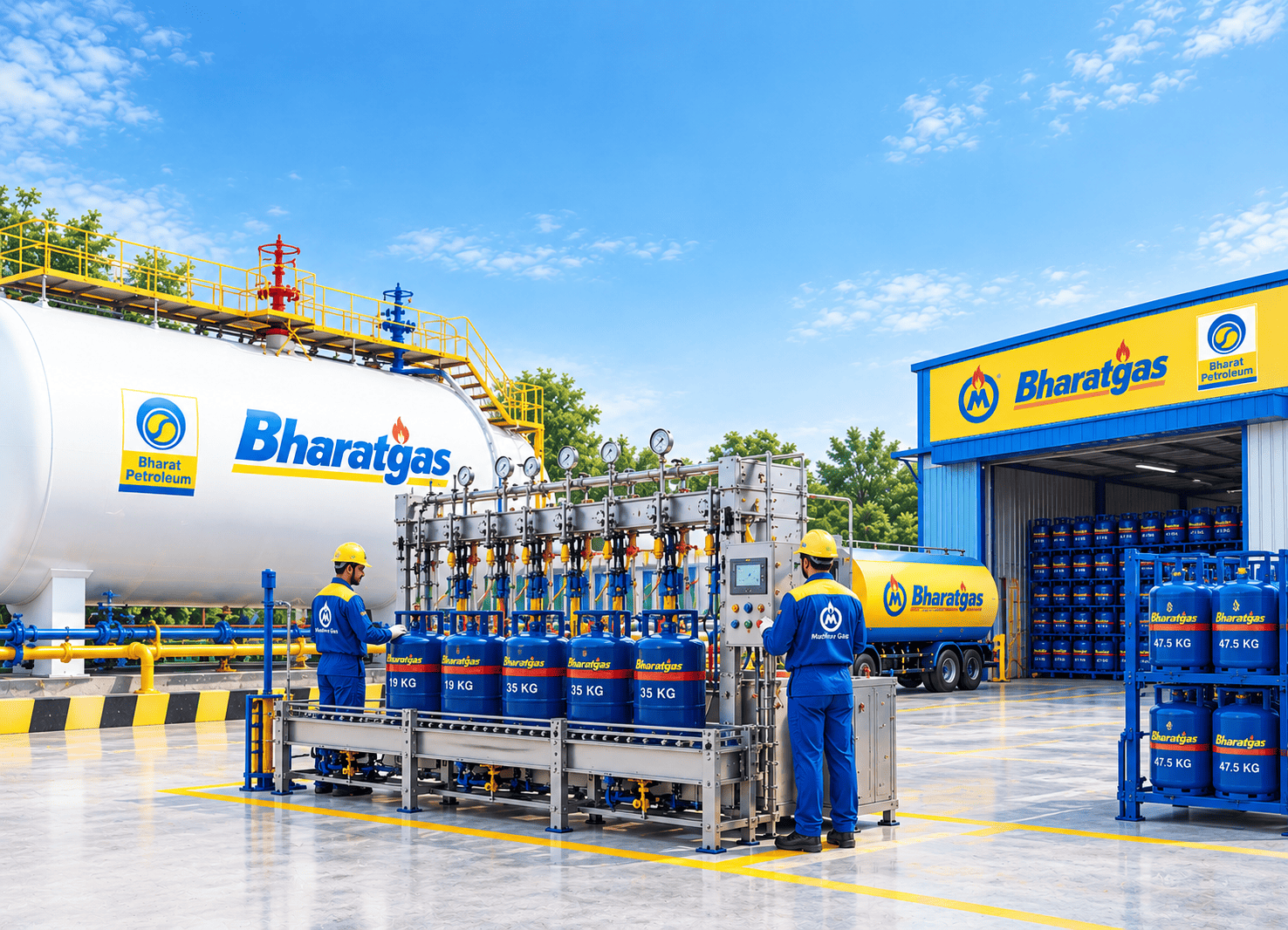 Bulk LPG installation with manifold cylinder bank at an industrial site
